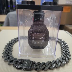 Black Iced Men's Watch with Matching Chain — Sleek Statement Accessory